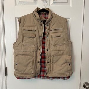 Vintage Tan Utility Canvas Vest Workwear Gorpcore Plaid Lined Streetwear Size M